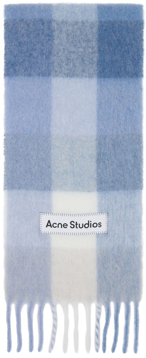 Blue & White Mohair Checked Scarf