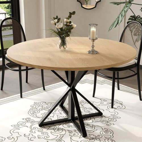 Garvee 47" Wood Round Dining Table with Metal K-Shaped Legs for Dining Room and Kitchen, Oak