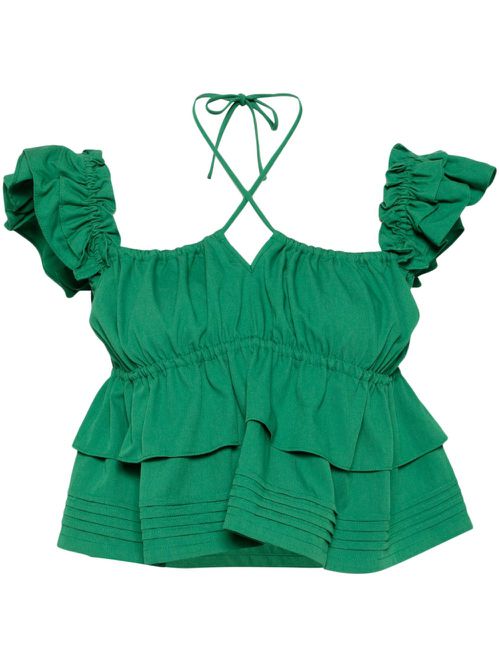 Ruffle-detail cotton halterneck top - Green