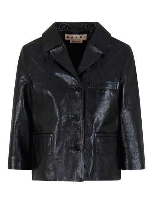 Cropped leather button-up jacket - Black