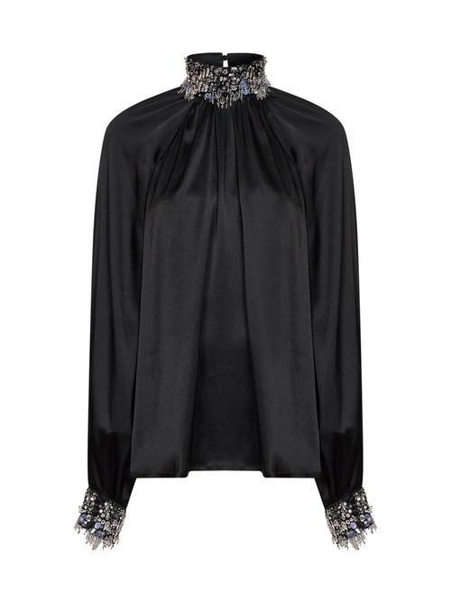 Beaded Stand-Collar Blouse — Black