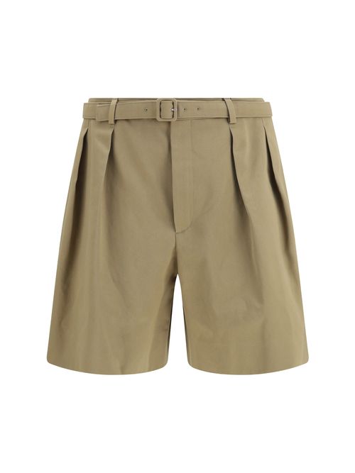Pleated Belt Cotton Bermuda Shorts — Beige