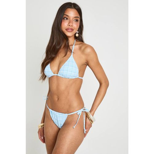 Boohoo Women's Gingham Triangle Bikini Top & Tie Side Bikini Bottoms in Blue