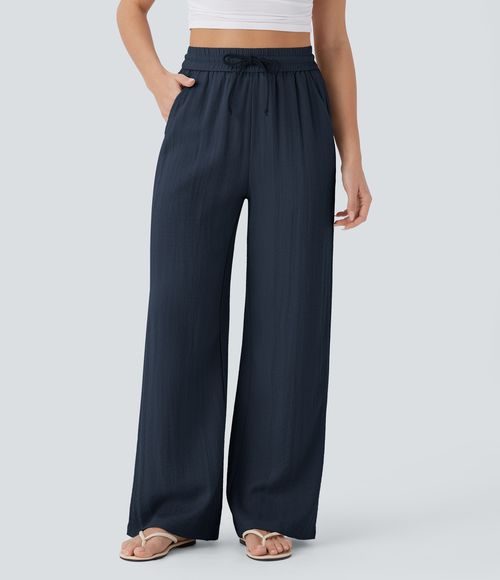 High Waisted Drawstring Pocket Wide Leg Casual Linen-Feel Pants  - Dark Blue