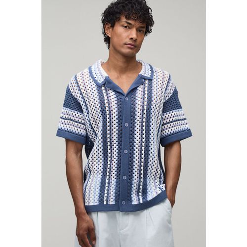 BoohooMAN Mens Relaxed Revere Open Stitch Knit Stripe Shirt - Blue - Sma