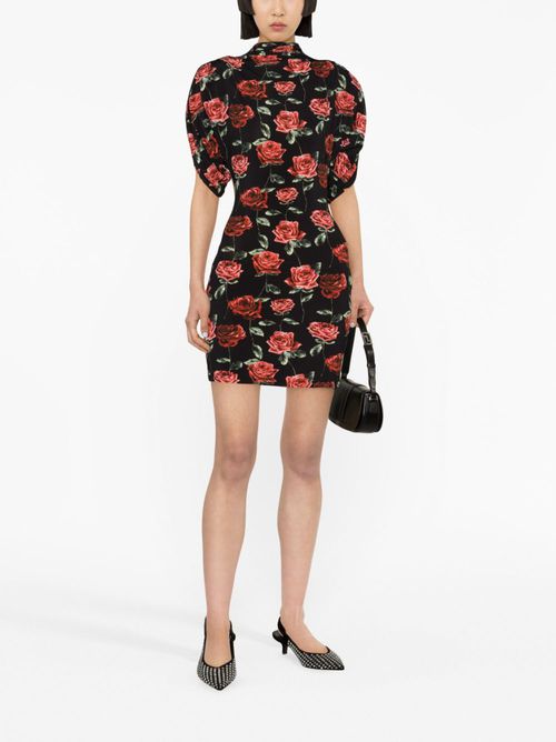 Rose-print mock-neck minidress - Black