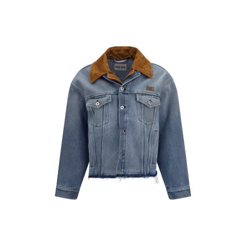 Suede-Collar Denim Jacket — Blue