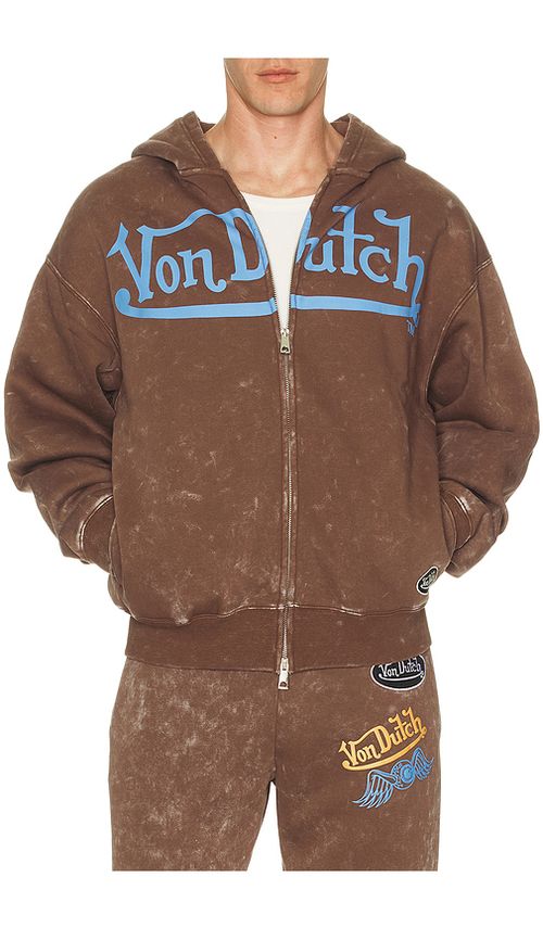 Von Dutch Oversized Washed Zip Hoodie in Brown. M. Also in S, L, XL/1X