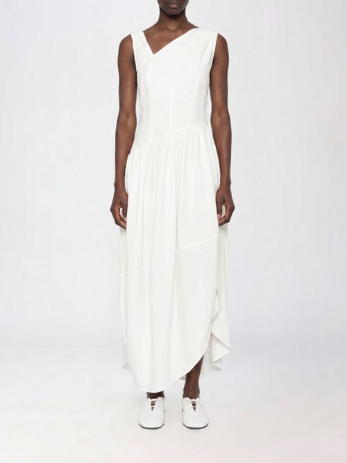 Asymmetrical Off-The-Shoulder Midi Dress in Ramie and Viscose