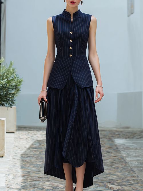 Pinstripe Sleeveless Asymmetric Hem Two-Piece Set - Navy Blue
