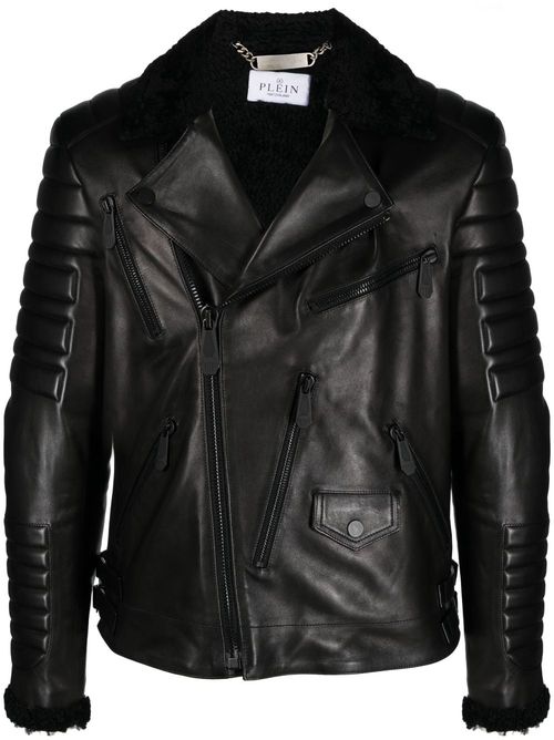 Logo-debossed leather jacket - Black