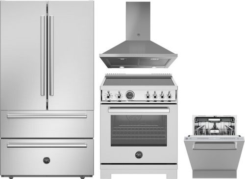 Bertazzoni 4 Piece Kitchen Appliances Package with French Door Refrigerator, Induction Range and Dishwasher in Stainless Steel BERERADWRH1146