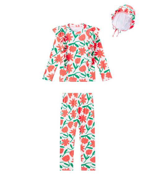 Jellymallow Floral ruffled swimsuit and cap set