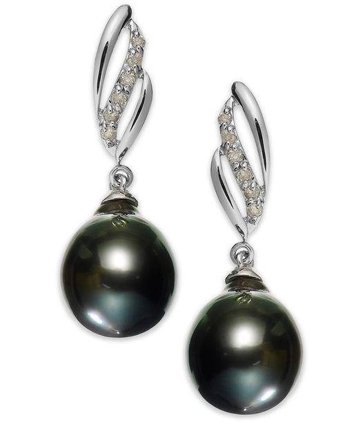14k White Gold Tahitian Pearl (9mm) and Diamond (1/10 ct. t.w.) Drop Earrings - Black