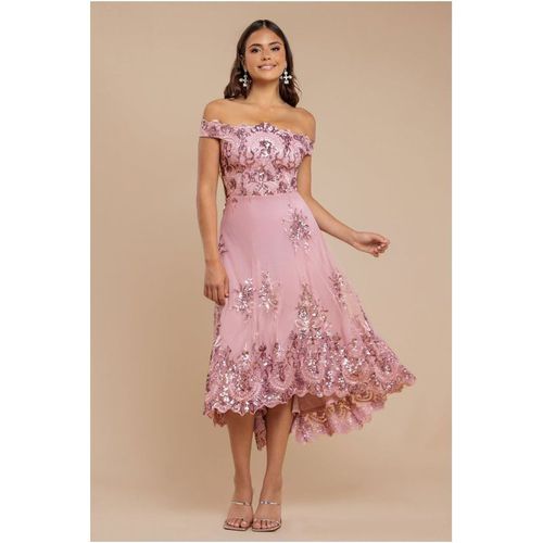 Goddiva Bardot Sequin & Lace High Low Midi - Blush