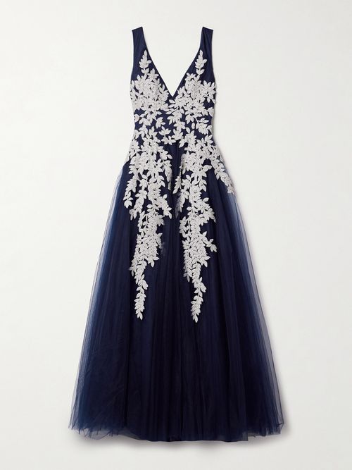 Bead-embellished Embroidered Tulle Gown - Blue