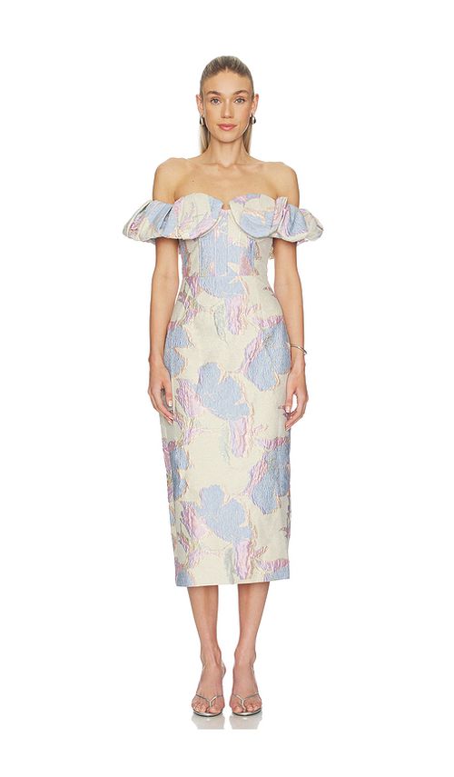 ELLIATT Marlene Strapless Midi Dress in Metallic Gold,Baby Blue. XXL. Also in S, XS, M