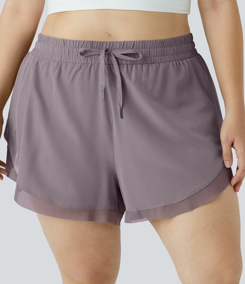 "Drawstring Contrast Mesh 2-in-1 Plus Size Shorts 4"" Gym Short - Sparrow