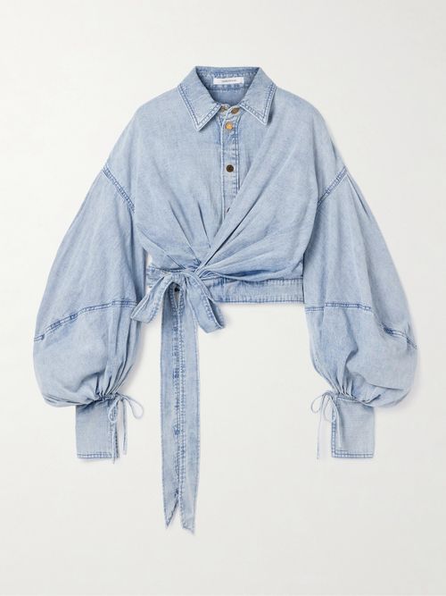Cropped Wrap-effect Denim Top - Blue