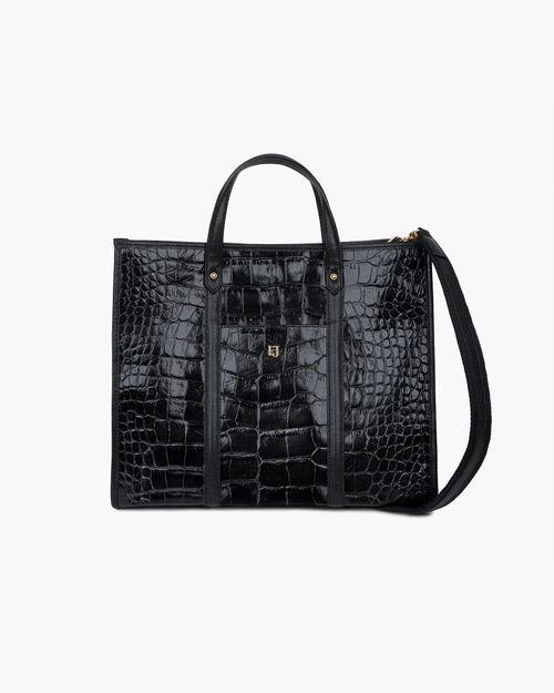 TaTa Tote Bag - Black Embossed Calf Leather, Magnetic Snap Closure, Detachable Shoulder Strap, Canvas Lining, Laptop Compatible