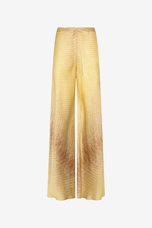 Wide-leg Silk Pants With Beige And Sand Scale Print