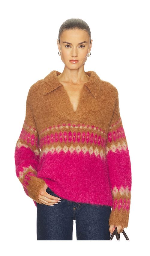 NAADAM Italian Luxe Brushed Fair Isle Polo in Pink Combo. M also in L