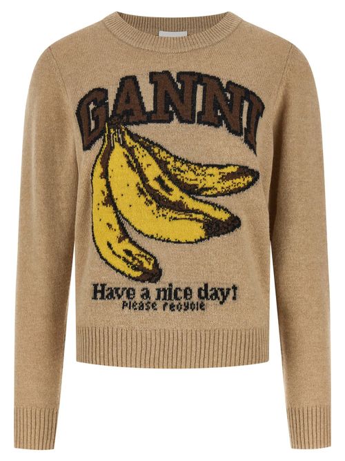 Banana-Graphic Intarsia Knit Sweater — Beige
