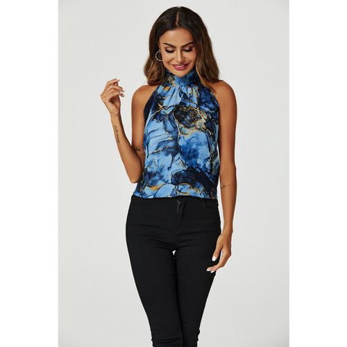 Marble Print Halter Neck Tie Back Top In Navy