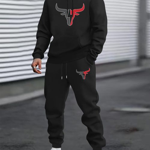 TEMU Men's Hooded Sweatshirt And Sweatpants Set With Print, Casual Sports Suit Knit Polyester, Fall/winter Regular Fit Stretch Hoodie Outfit