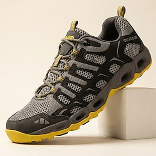Lightinthebox Tênis masculino cinza e amarelo para trilhas, caminhadas, camping, viagens e aventuras ao ar livre. Confeccionado em mesh respirável com secagem rápida e leve