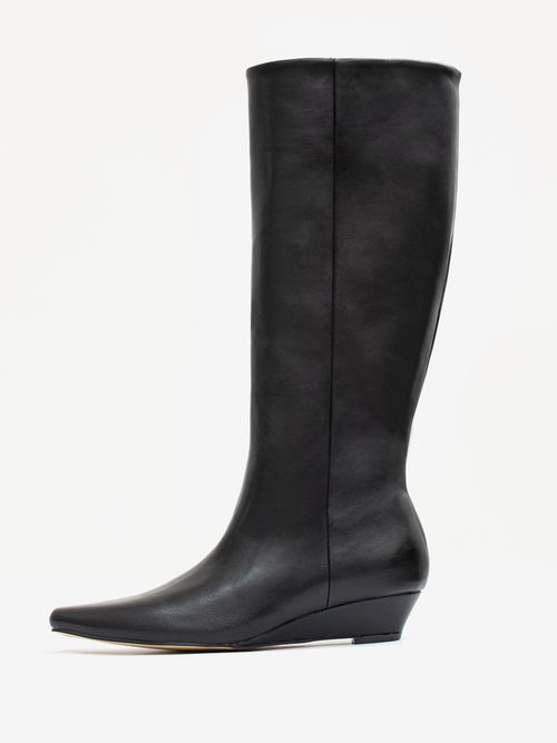 Black Knee High Boots Square Toe Wedge Heel Boots For Women