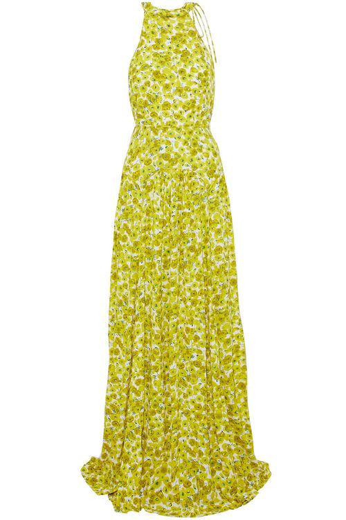 Pleated floral-print crepe gown - Yellow - US 4