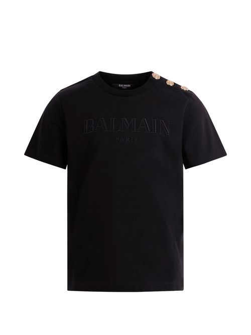 CrETHEstanesedew Neck T-Shirt with Gold Logo Buttons for Boys