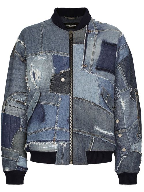 Denim-patchwork bomber jacket - Blue