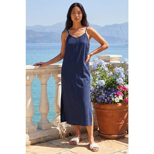 Roman Womens Petite Side Button Linen Blend Dress - Navy