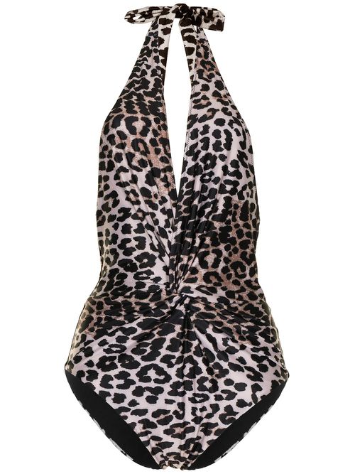 Leopard-print halterneck swimsuit - Brown
