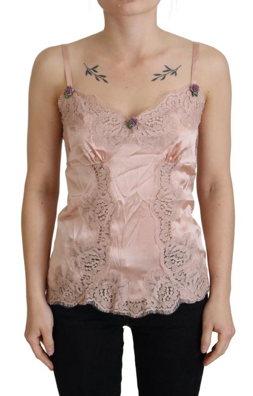 Lace-Embellished Silk Tank Top — Pink