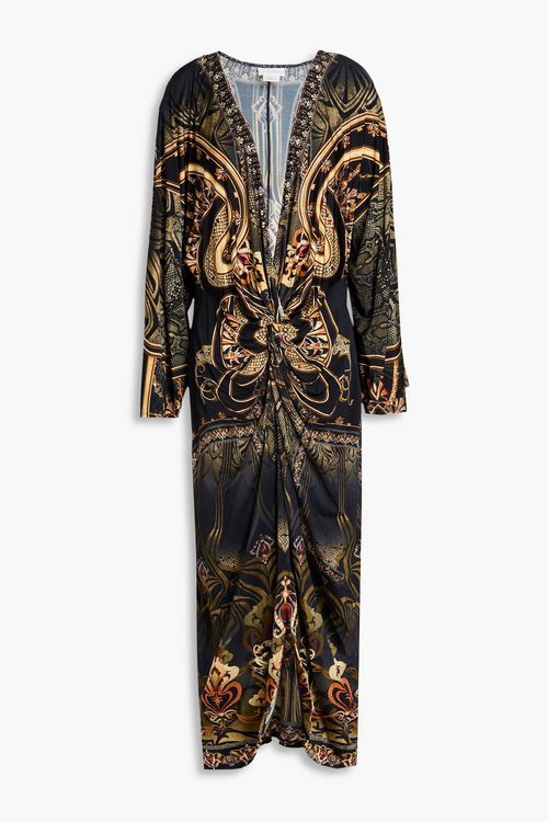Twisted printed jersey midi dress - Yellow - 4XL