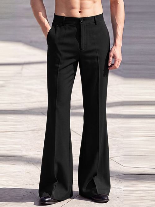 Men's Retro Clean Fit Crisp Drape Tailored Long Flared Suit Pant SKUL82469 - Black