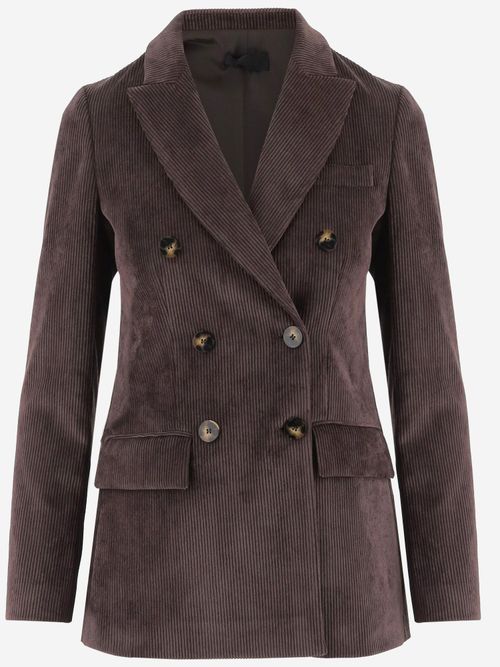 Double-Breasted Stretch Velvet Blazer — Brown