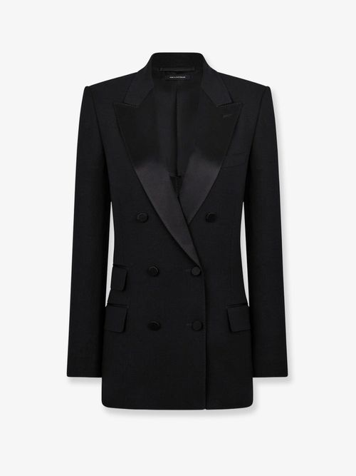 Satin Peak Lapel Double-Breasted Wool Blazer — Black
