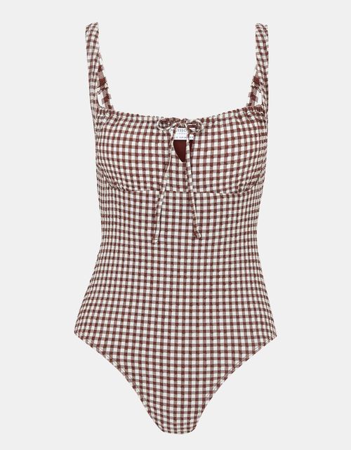 Gingham Seersucker Tie Front Swimsuit Brown