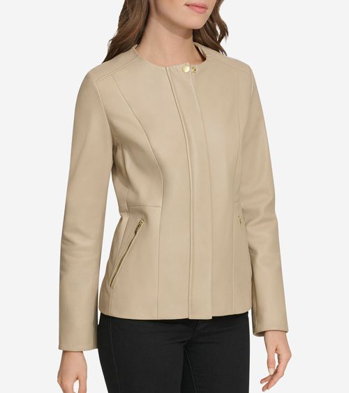 Women's Collarless Leather Jacket - Beige