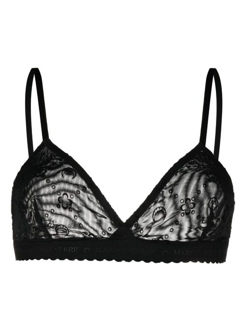 Logo-flocked mesh bra - Black