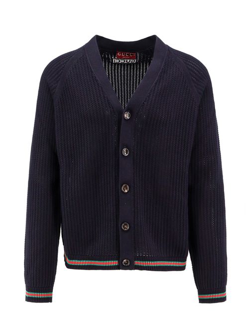 -Cardigan in cotone Ajour con Nastro Web-Uomo