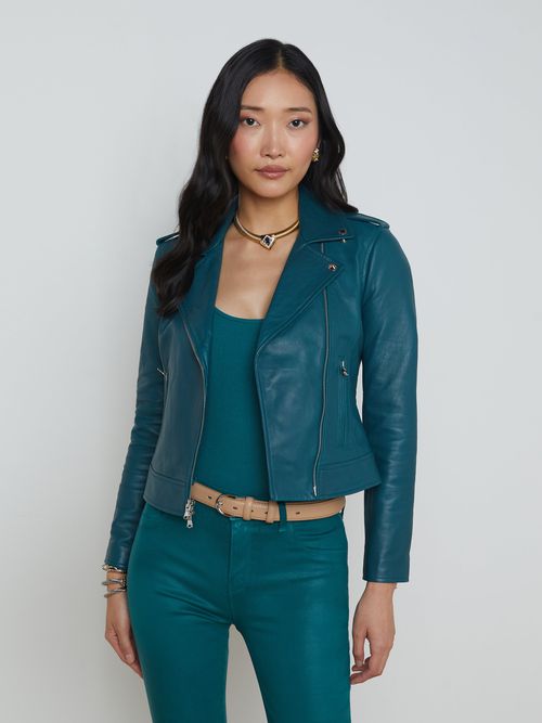 Leather Biker Jacket In Dark Teal