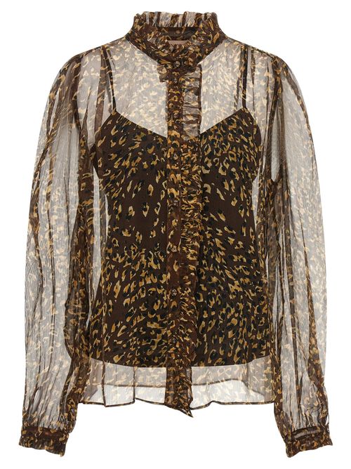 Animal-Print Silk Creponne Blouse — Brown