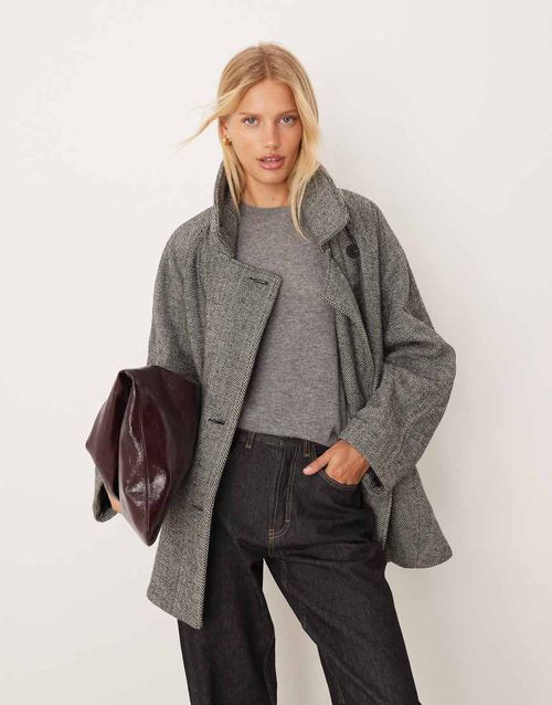 Oversized mid length pea coat in herringbone-Black