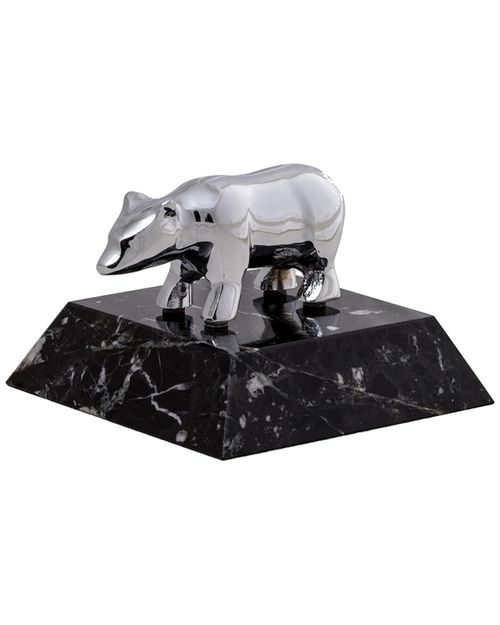 Chrome Plated Bear Paperweight on Black Zebra Marble