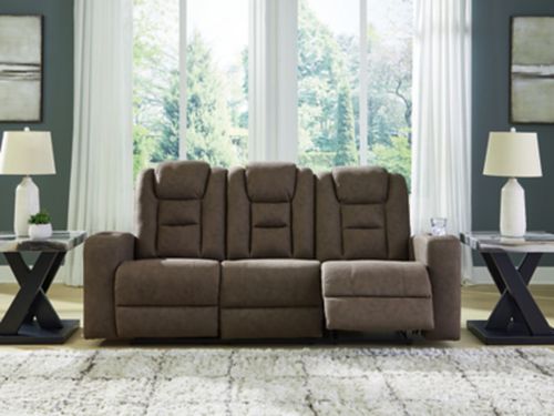Mayhem Madness Manual Reclining Sofa with Drop Down Table, Cocoa